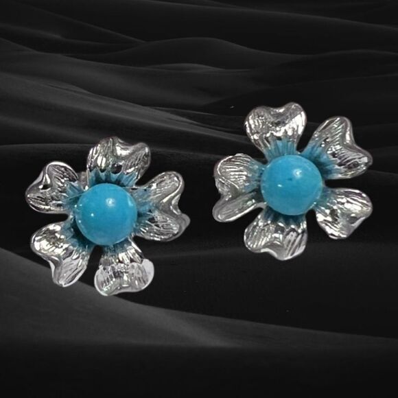 Vintage Sarah Coventry Turquoise Flower Silver Clip On Earrings - Picture 1 of 5